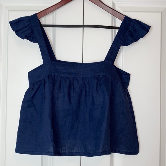 Square Neck Linen Cropped Ruffle Detail Sleeveless Navy Top Size XS - Picture 2 of 6